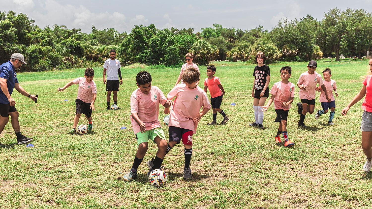 Children playing soccer on a grassy field with trees and blue sky in the background