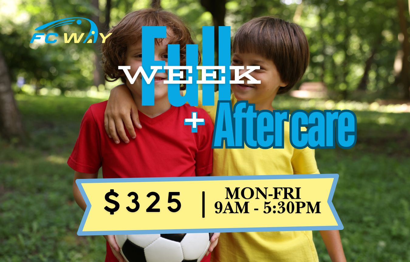 Two children standing outdoors with a soccer ball, promotional text for full week aftercare program.