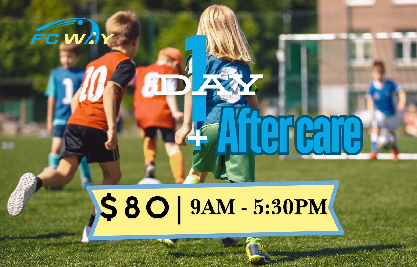 Children playing soccer on a field with aftercare advertisement text overlay.