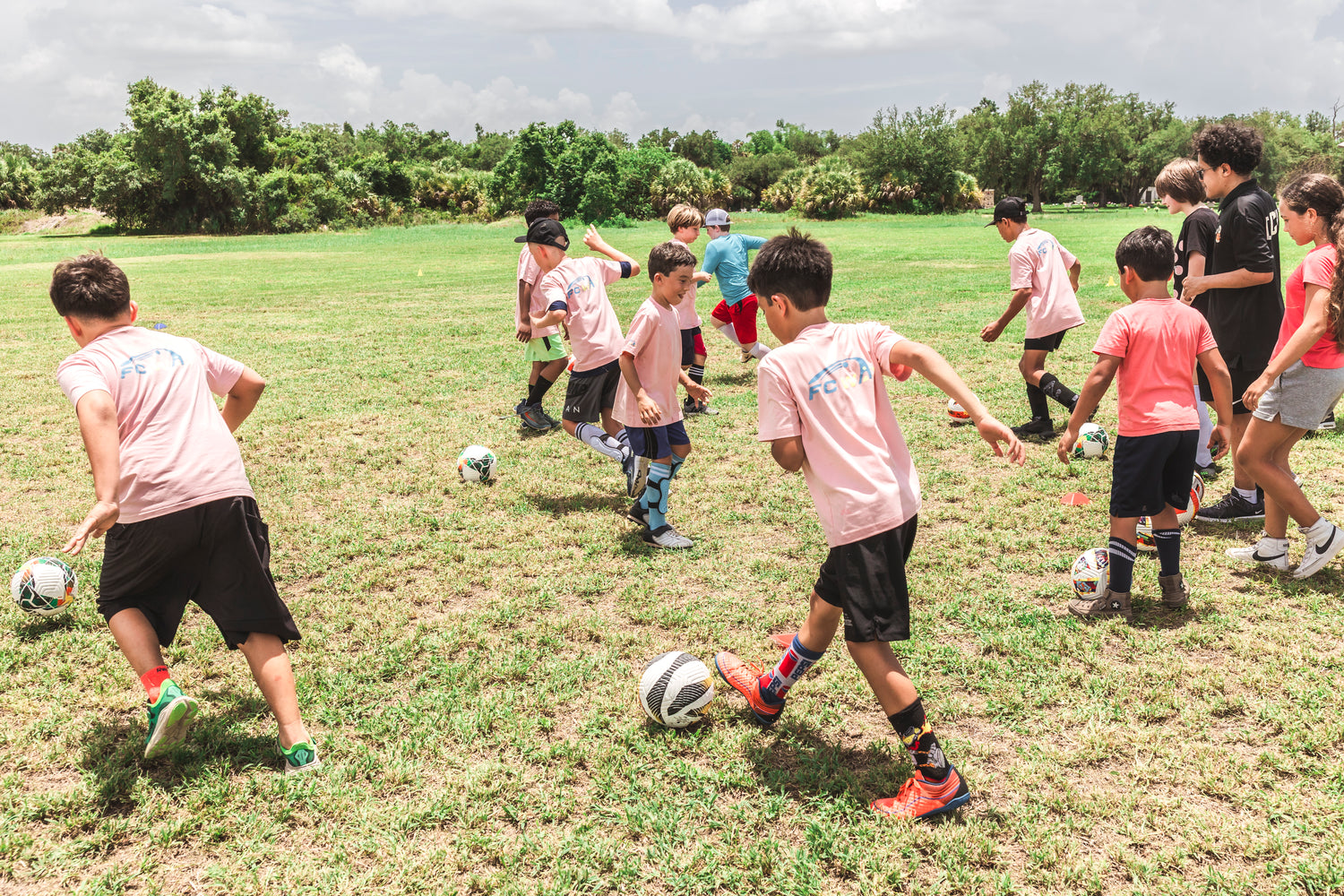 Children playing soccer on a grassy field with trees in the background