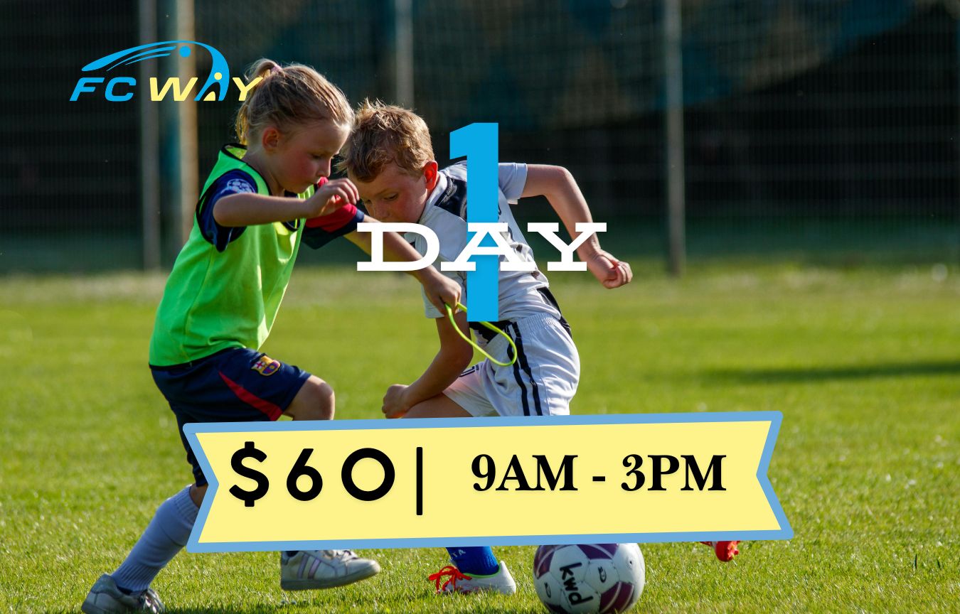 Two children playing soccer on a field with promotional text overlay.
